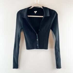 Aerie Long Sleeve Ribbed Cropped Polo Cardigan Sweater Black Small